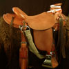 5 inch front Wade 15 & 1/2 inch seat, Gullet - 7 and 1/2 inch by 6 and 1/4 inch by 4 inch, Horn 4&1/2 by 4 & 1/4 inch Guatelejara, 90 degree bars, 7/8ths flat palte riggin, Cheyenne Roll, Smooth-out half-breed Wade Saddle built by Keith Valley sporting the S bar S ranch brand.
